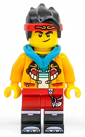 Минифигурка LEGO Monkie Kid - Bright Light Orange Open Jacket with Monkey Head Logo, Dark Turquoise Hood, Smirk / Angry mk019